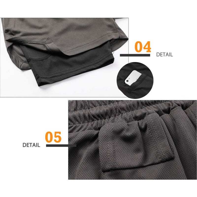 Surenow Men's Athletic Running Shorts Quick Dry Workout Shorts 2 in 1 Shorts 5" Gym Running Shorts for Men with Phone Pocket Grey - Image 5